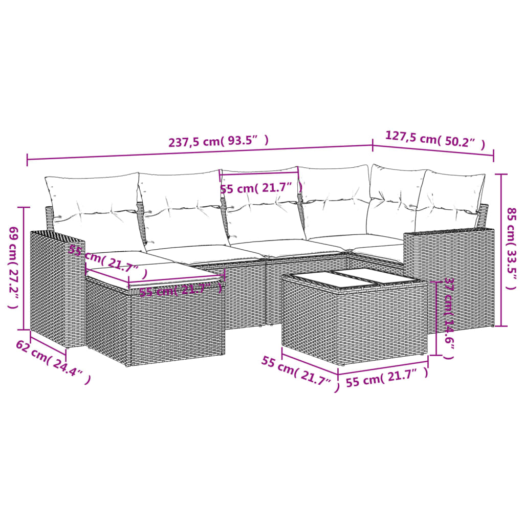 Set Divani da Giardino 7 pz con Cuscini Grigio in Polyrattan 3219260