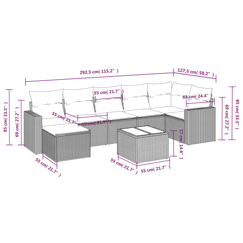 Set Divano da Giardino 8 pz con Cuscini Beige in Polyrattan 3219279