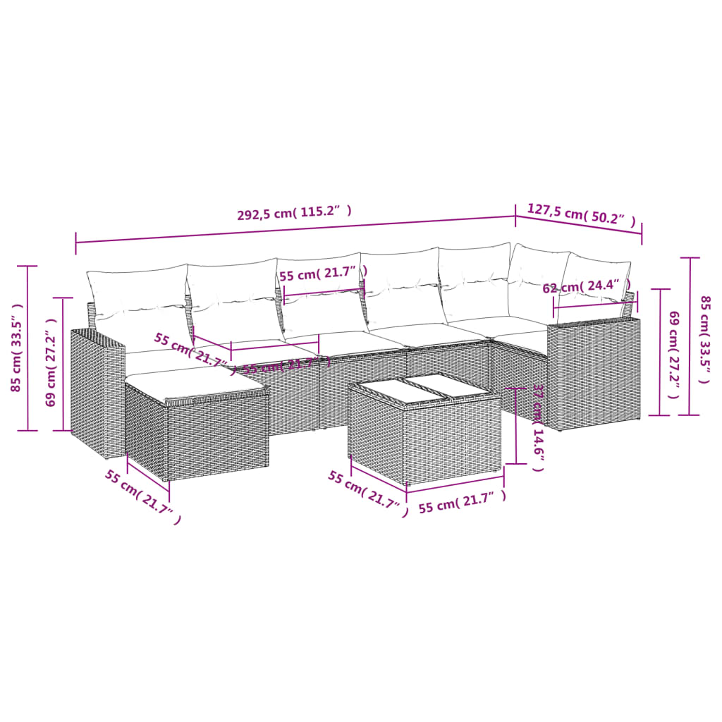 Set Divano da Giardino 8pz con Cuscini Grigio Chiaro Polyrattan 3219282