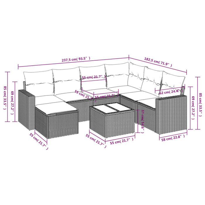 Set Divani da Giardino con Cuscini 8 pz Nero in Polyrattan 3219296