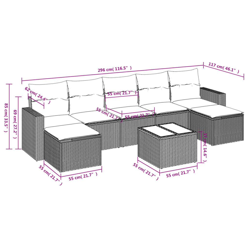 Set Divano da Giardino 8pz con Cuscini Grigio Chiaro Polyrattan 3219342