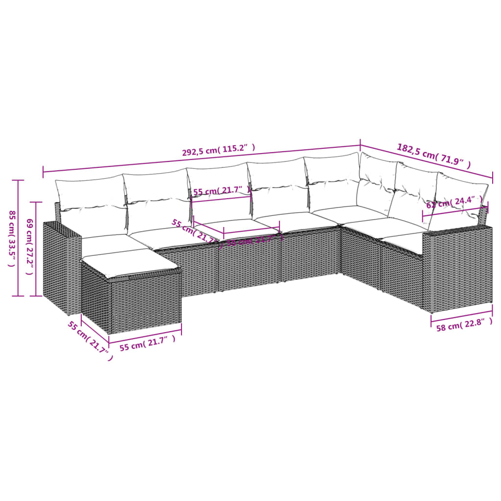 Set Divano da Giardino 8 pz con Cuscini Grigio in Polyrattan 3219350