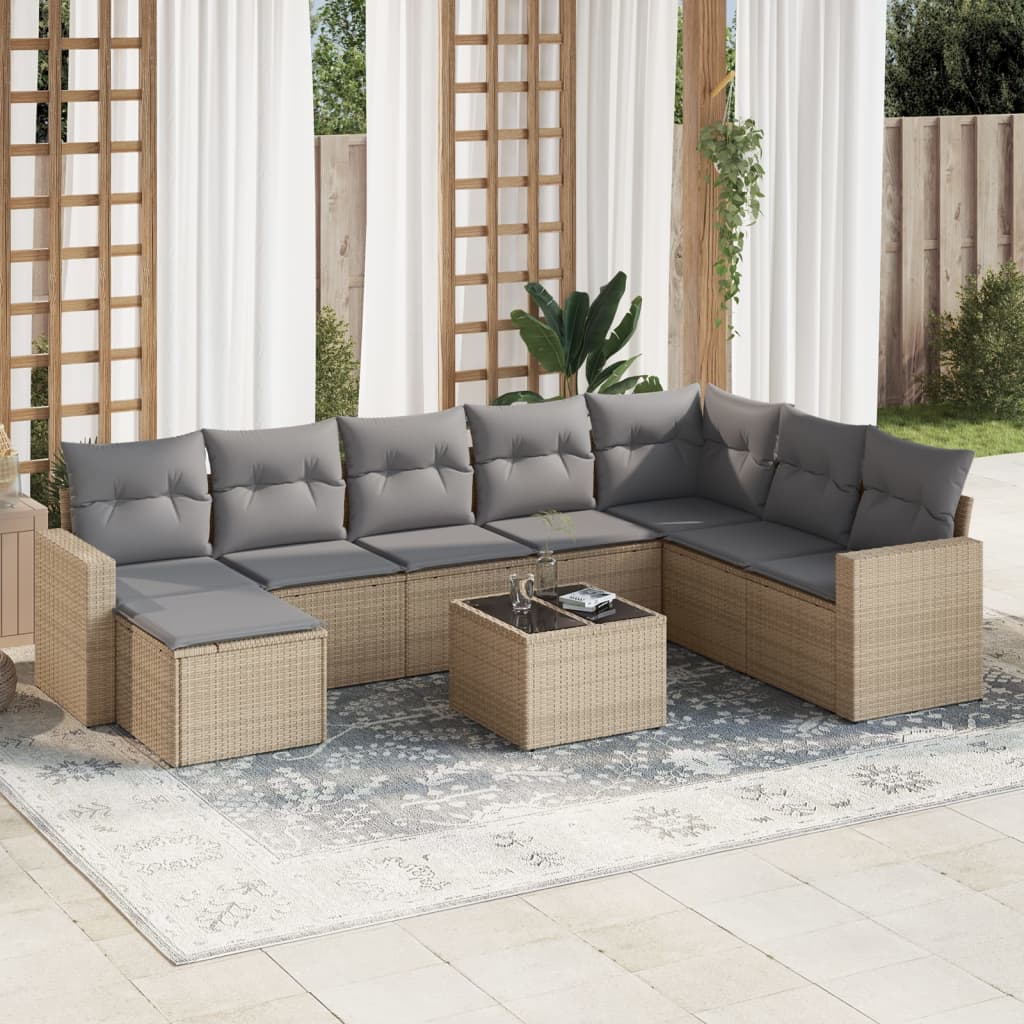 Set Divano da Giardino 9 pz con Cuscini Beige in Polyrattan 3219359