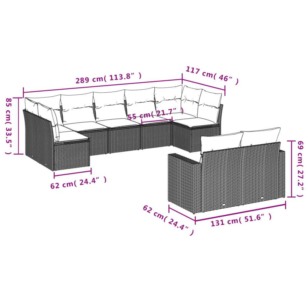 Set Divani da Giardino 9 pz con Cuscini Nero in Polyrattan 3219405