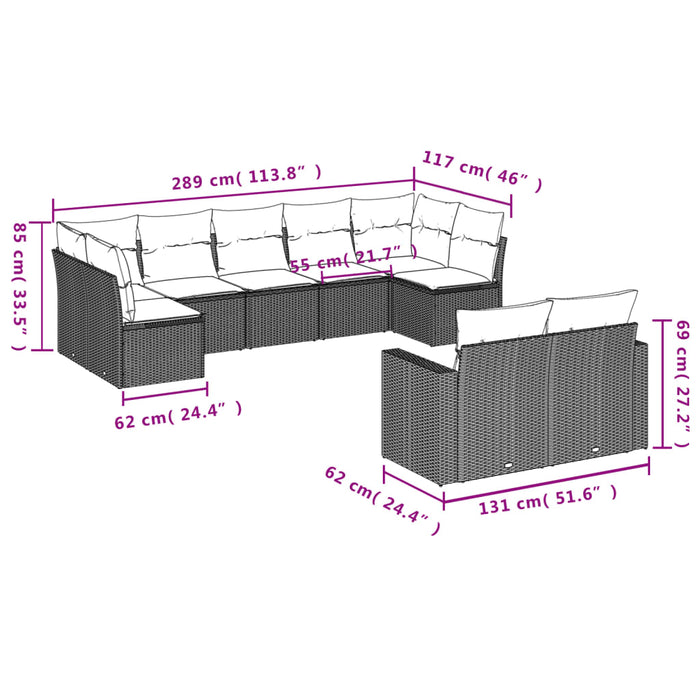 Set Divani da Giardino 9 pz con Cuscini Nero in Polyrattan 3219405