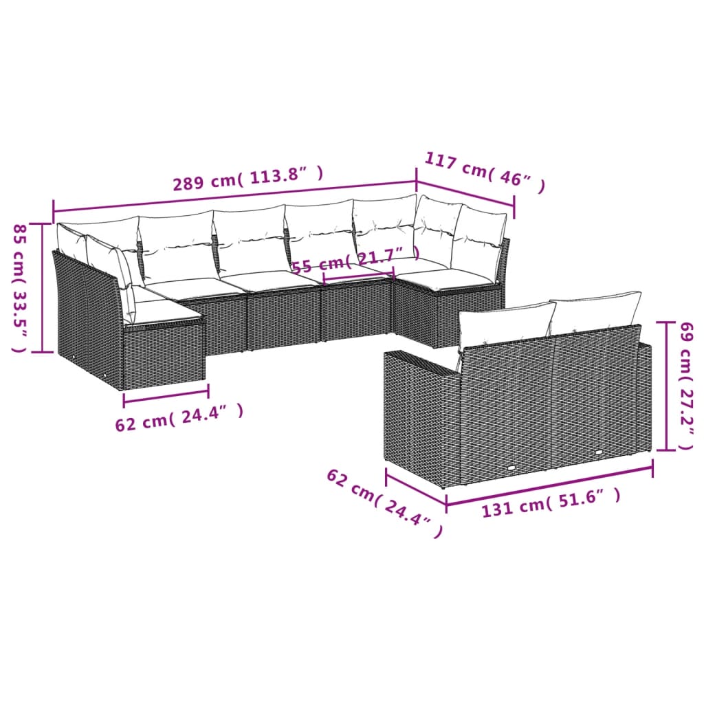 Set Divano da Giardino 9pz con Cuscini Grigio Chiaro Polyrattan 3219412