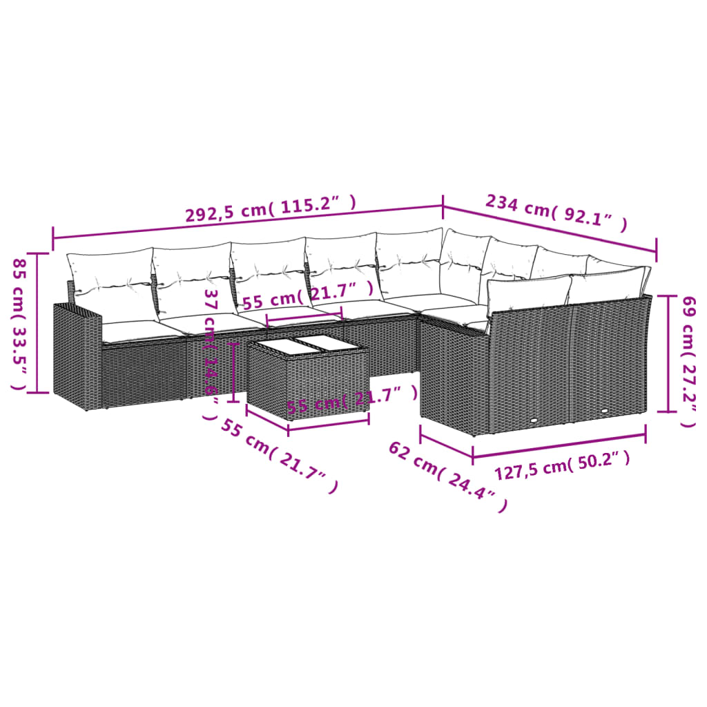 Set Divano da Giardino 10 pz con Cuscini Grigio in Polyrattan 3219440