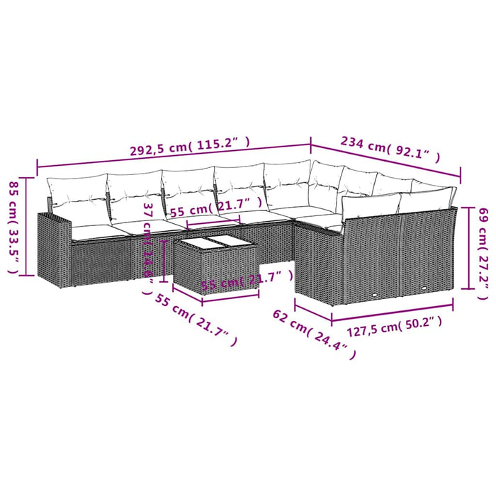 Set Divano Giardino 10 pz con Cuscini Grigio Chiaro Polyrattan 3219442