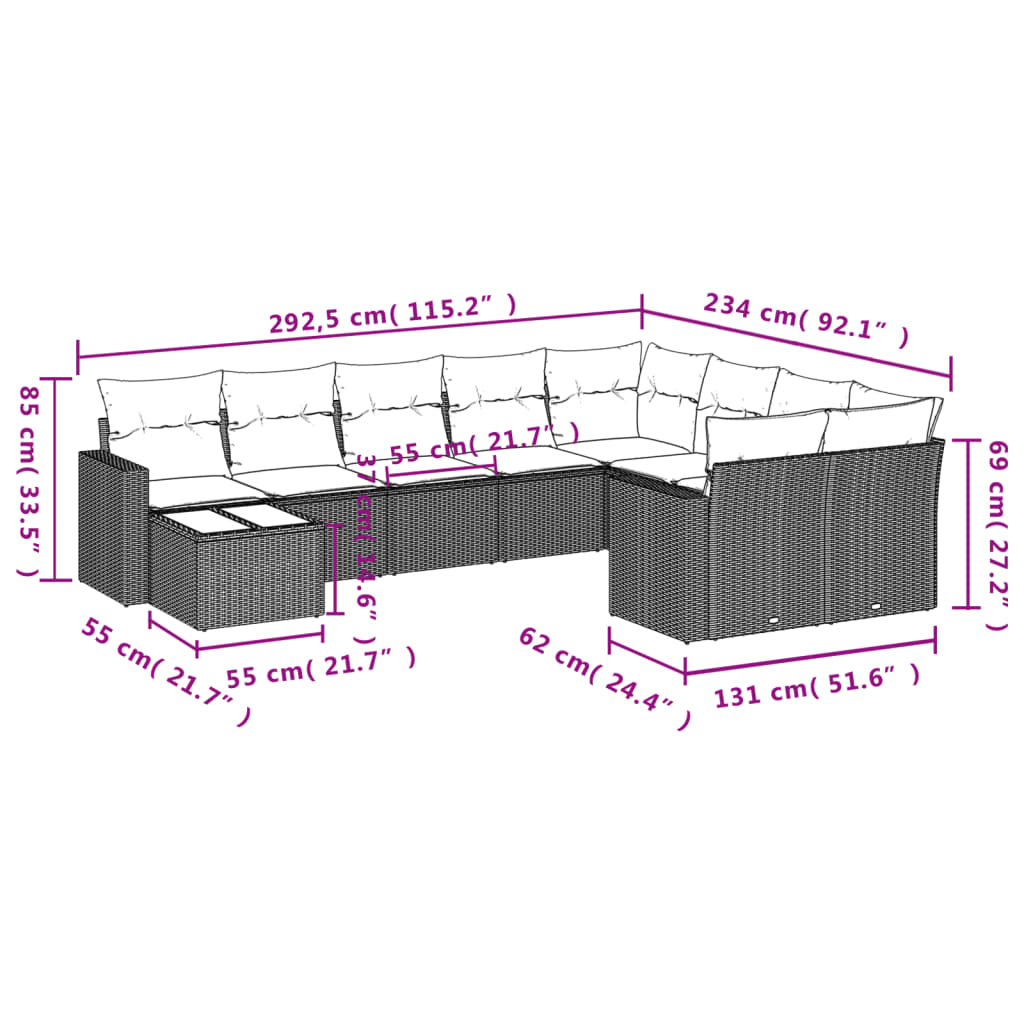 Set Divani da Giardino 10pz con Cuscini in Polyrattan Nero 3219446