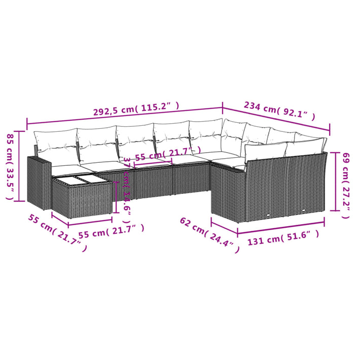 Set Divani da Giardino 10pz con Cuscini in Polyrattan Nero 3219446