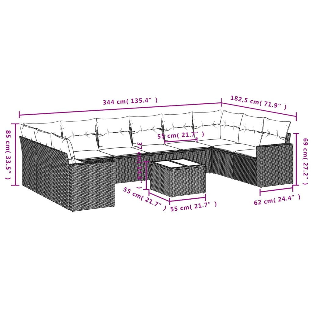 Set Divani da Giardino 11 pz con Cuscini in Polyrattan Nero 3219466