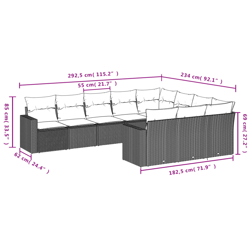 Set Divano da Giardino 10 pz con Cuscini Grigio in Polyrattan 3219480