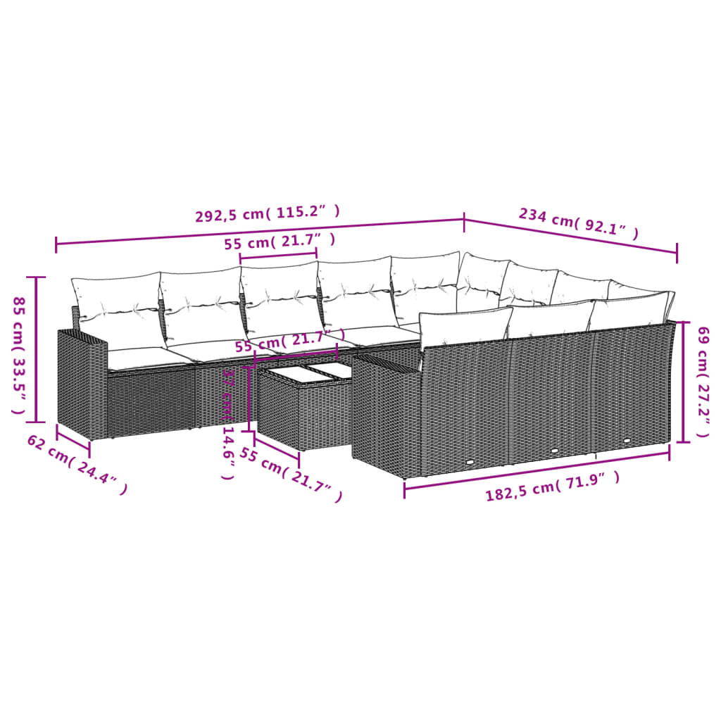 Set Divani da Giardino 11 pz con Cuscini in Polyrattan Grigio 3219490