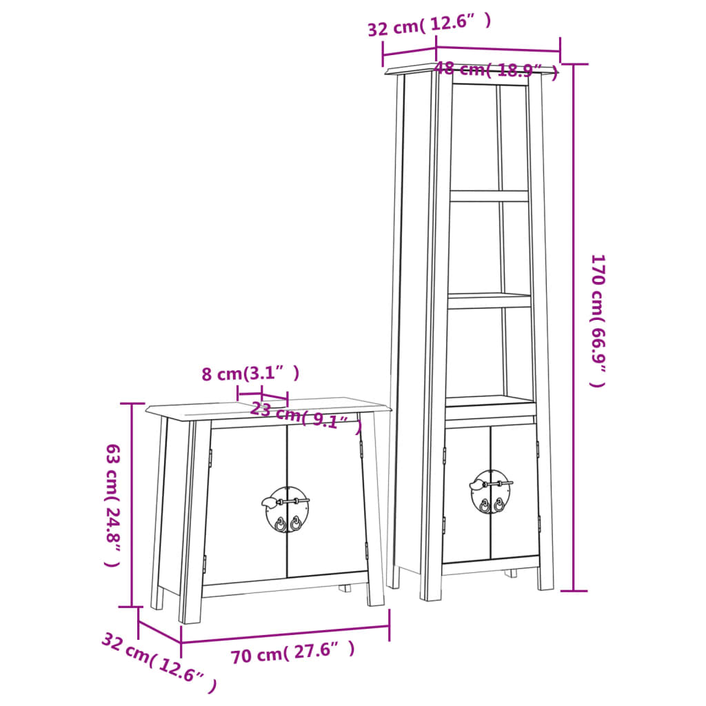 Set Mobili da Bagno 2 pz in Legno Massello di Pino 3223456