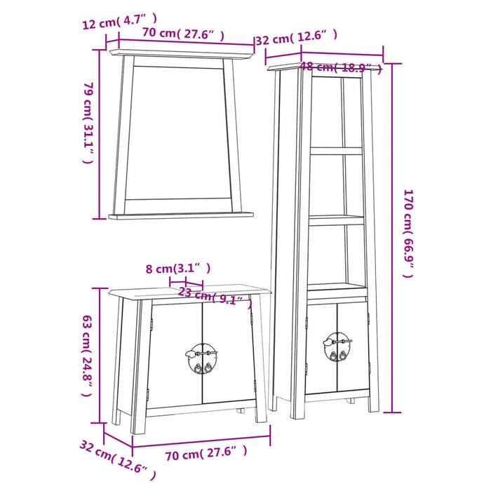 Set Mobili da Bagno 3 pz in Legno Massello di Pino 3223462