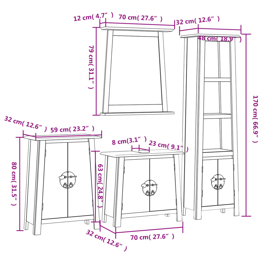 Set Mobili da Bagno 4 pz in Legno Massello di Pino 3223464