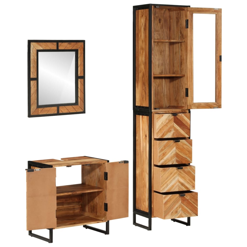 Set Mobili da Bagno 3 pz in Ferro e Legno Massello di Acacia 3217120