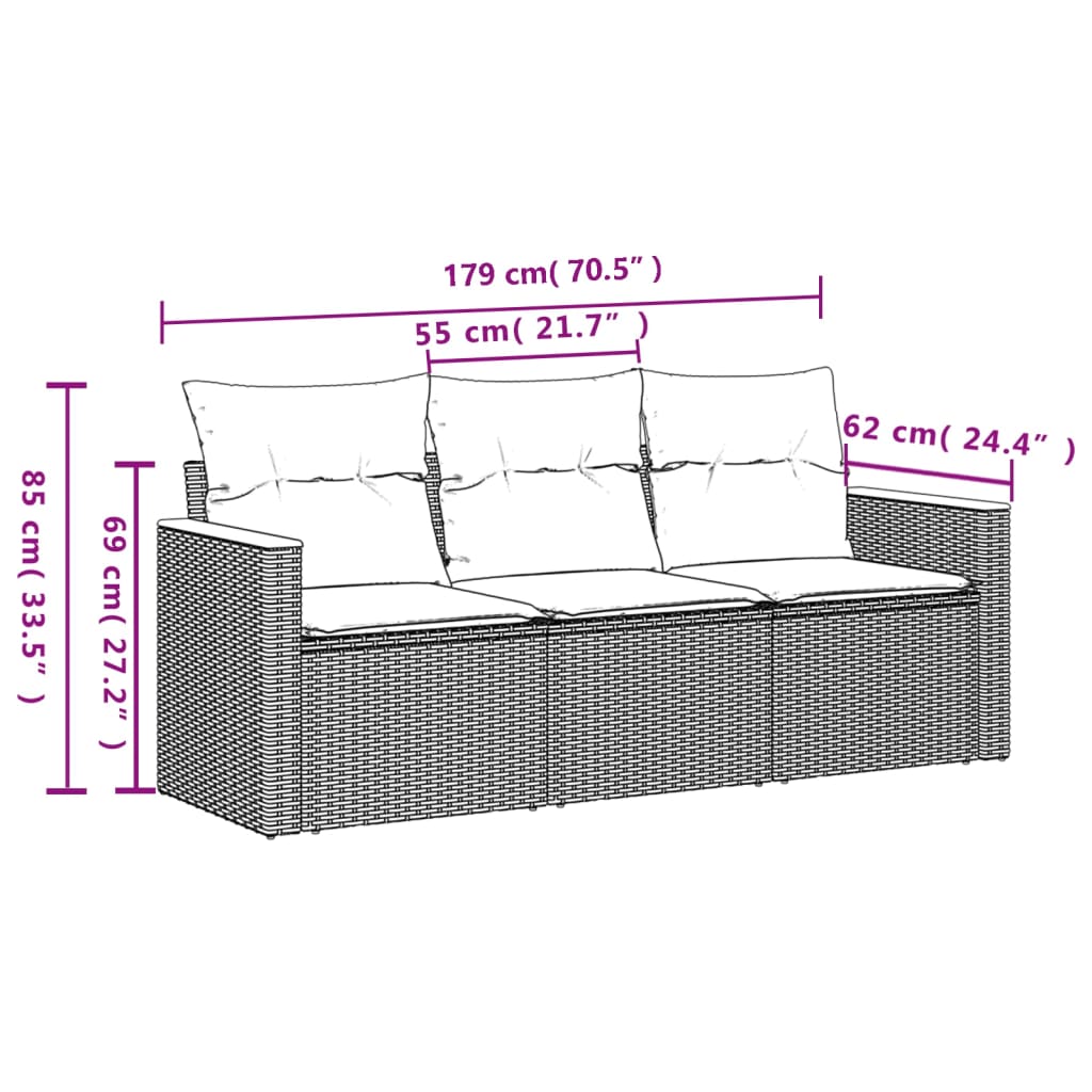 Set Divani da Giardino 3 pz con Cuscini in Polyrattan Nero 3225754