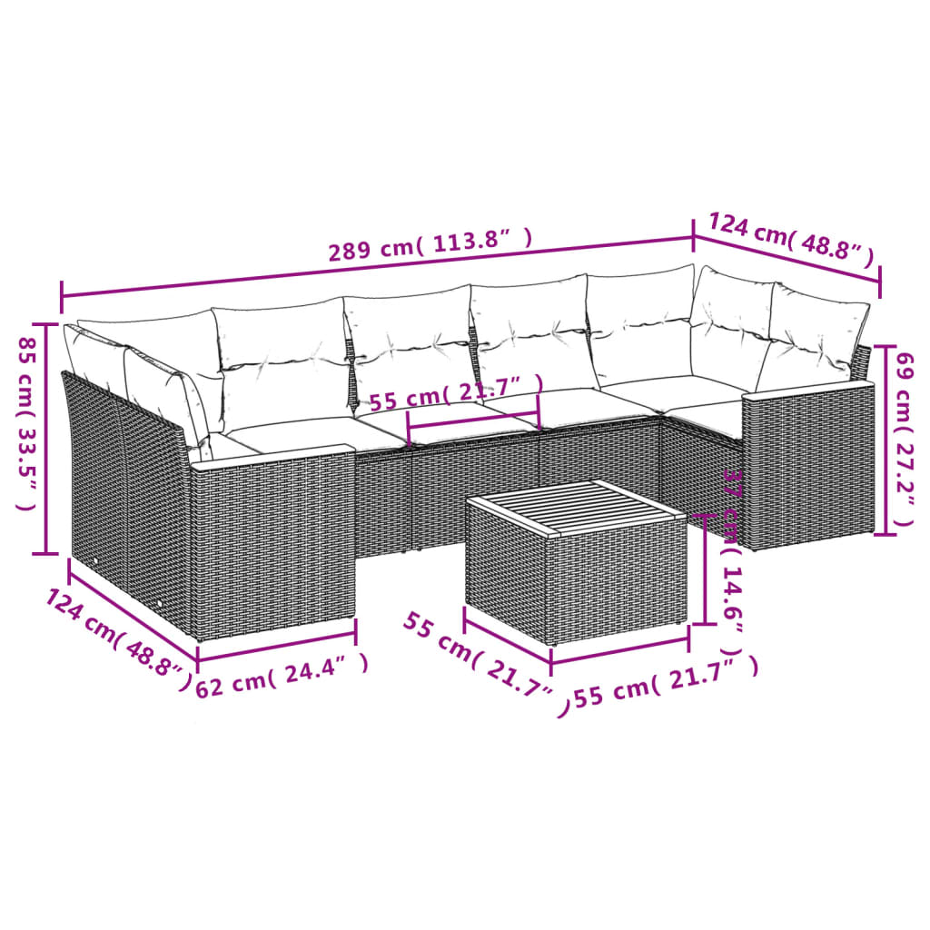 Set Divano da Giardino 8 pz con Cuscini Beige in Polyrattan 3225813