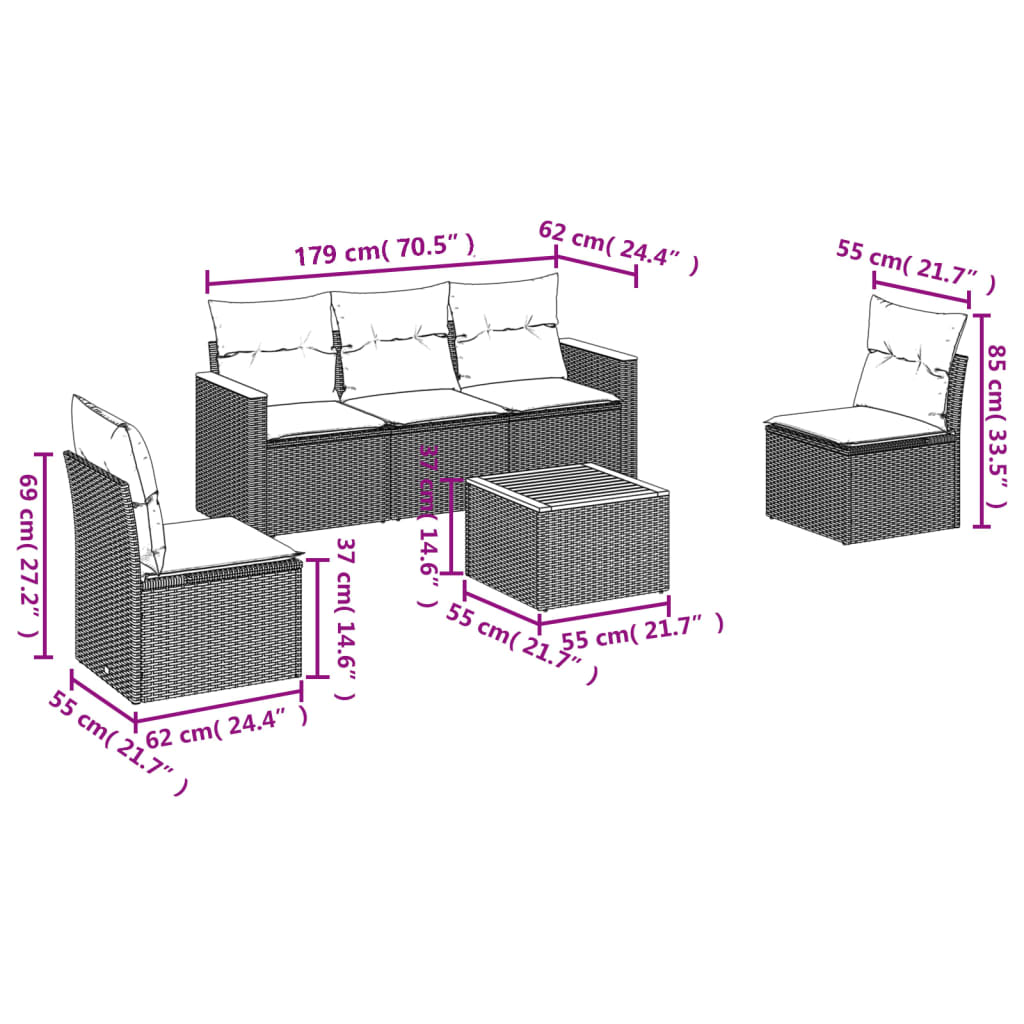 Set Divano da Giardino 6 pz con Cuscini Nero in Polyrattan 3225853