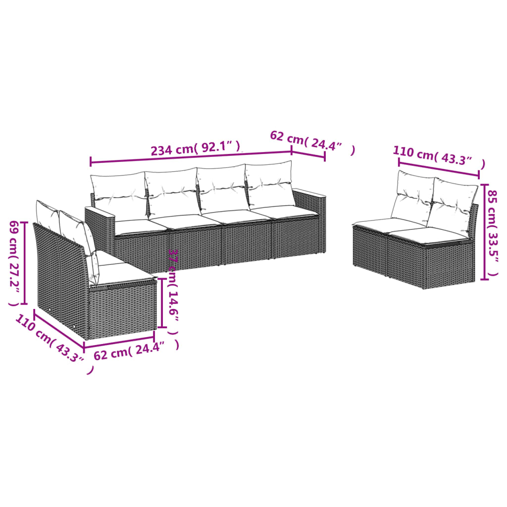 Set Divani da Giardino con Cuscini 8 pz Nero in Polyrattan 3225887