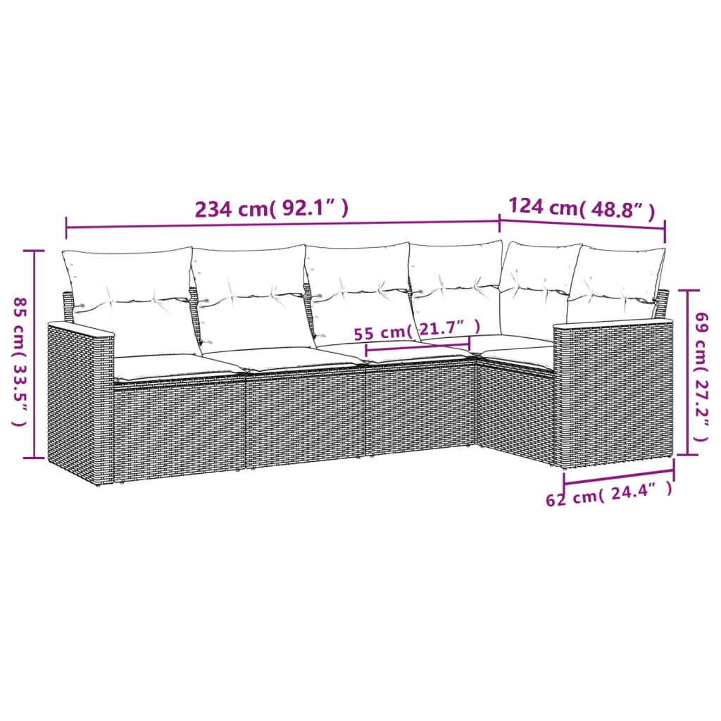 Set Divani da Giardino 5 pz con Cuscini in Polyrattan Nero 3225943