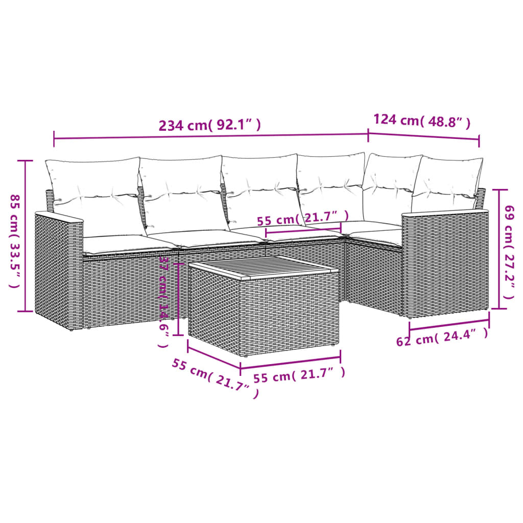 Set Divano da Giardino 6 pz con Cuscini Nero in Polyrattan 3225950