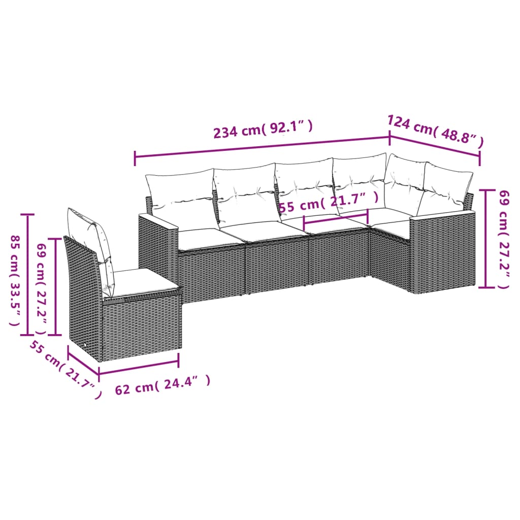 Set Divano da Giardino 6 pz con Cuscini Nero in Polyrattan 3226013