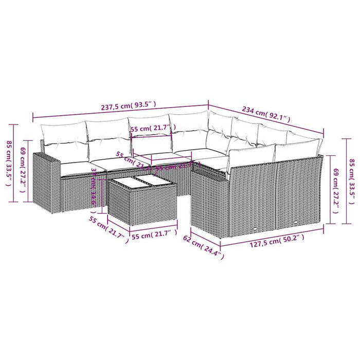 Set Divano da Giardino 9 pz con Cuscini Beige in Polyrattan 3251096