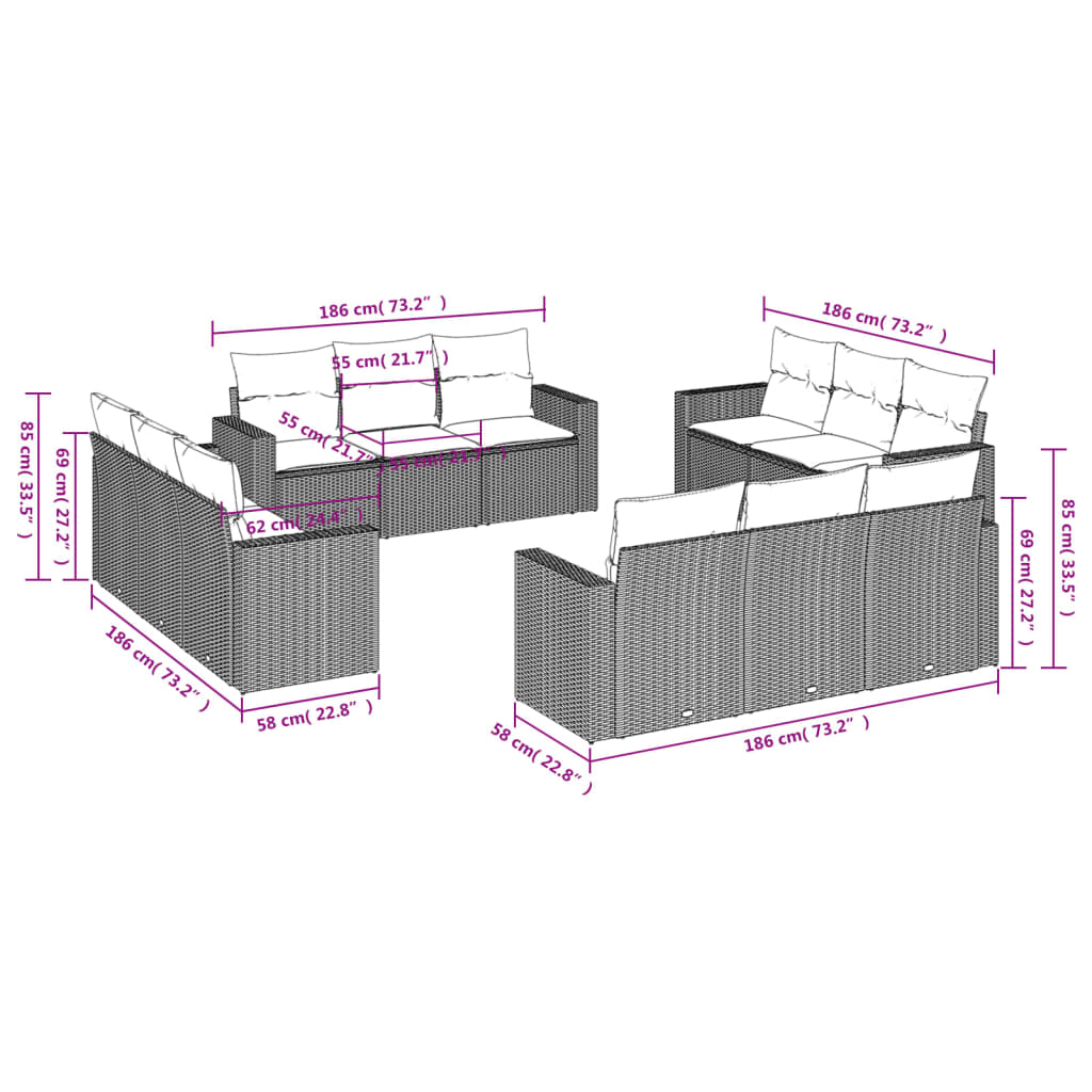 Set Divani da Giardino 12 pz con Cuscini Beige in Polyrattan 3251105