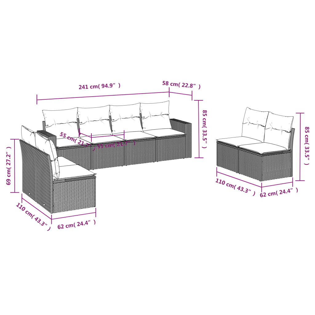 Set Divani da Giardino con Cuscini 8 pz Nero in Polyrattan 3251183