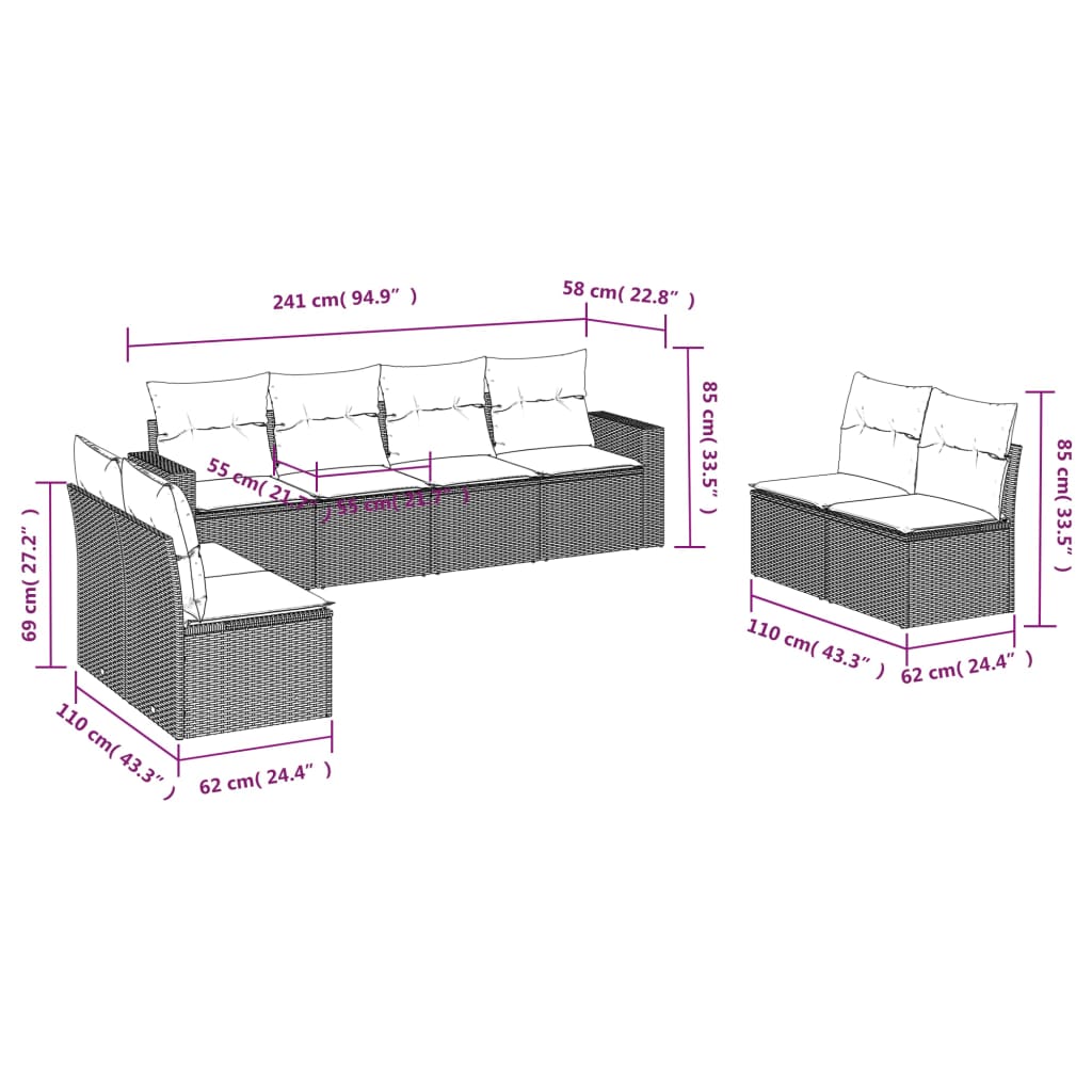 Set Divano da Giardino 8 pz con Cuscini Grigio in Polyrattan 3251187