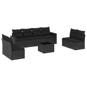 Set Divani da Giardino 9 pz con Cuscini Nero in Polyrattan 3251192