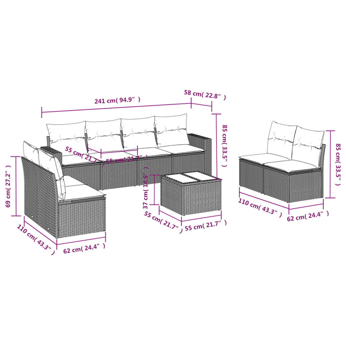 Set Divano da Giardino 9 pz con Cuscini Grigio in Polyrattan 3251197