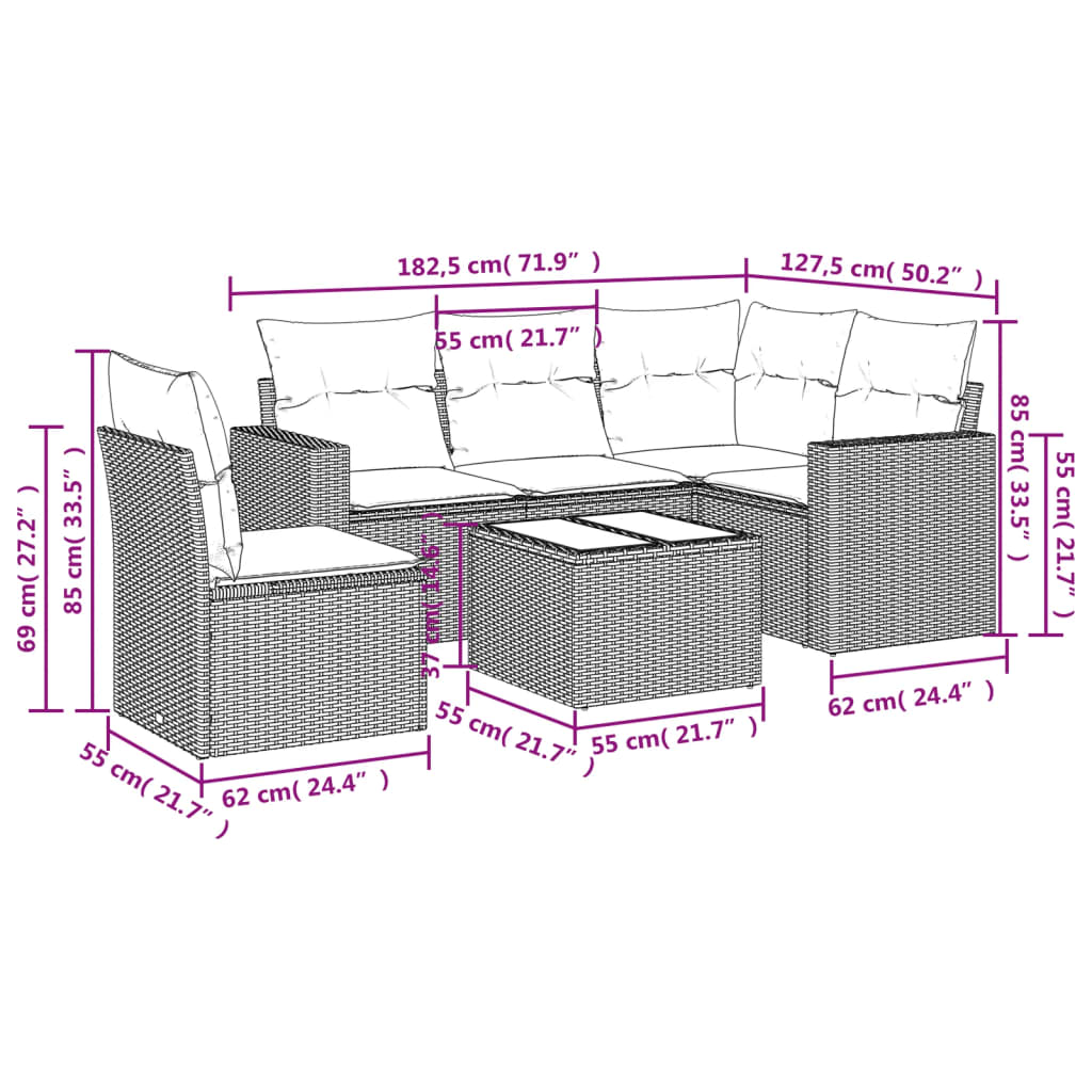 Set Divano da Giardino 6 pz con Cuscini Nero in Polyrattan 3251312