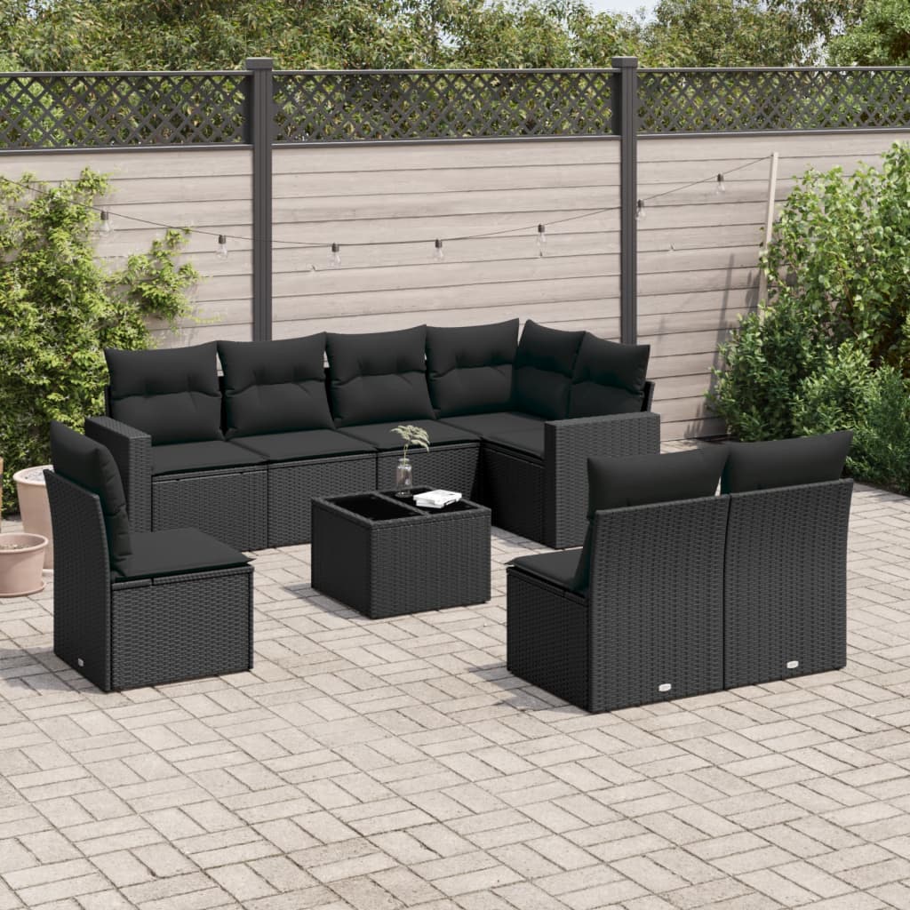 Set Divani da Giardino 9 pz con Cuscini Nero in Polyrattan 3251412