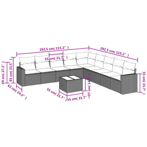 Set Divano Giardino 10 pz con Cuscini Grigio Chiaro Polyrattan 3251439