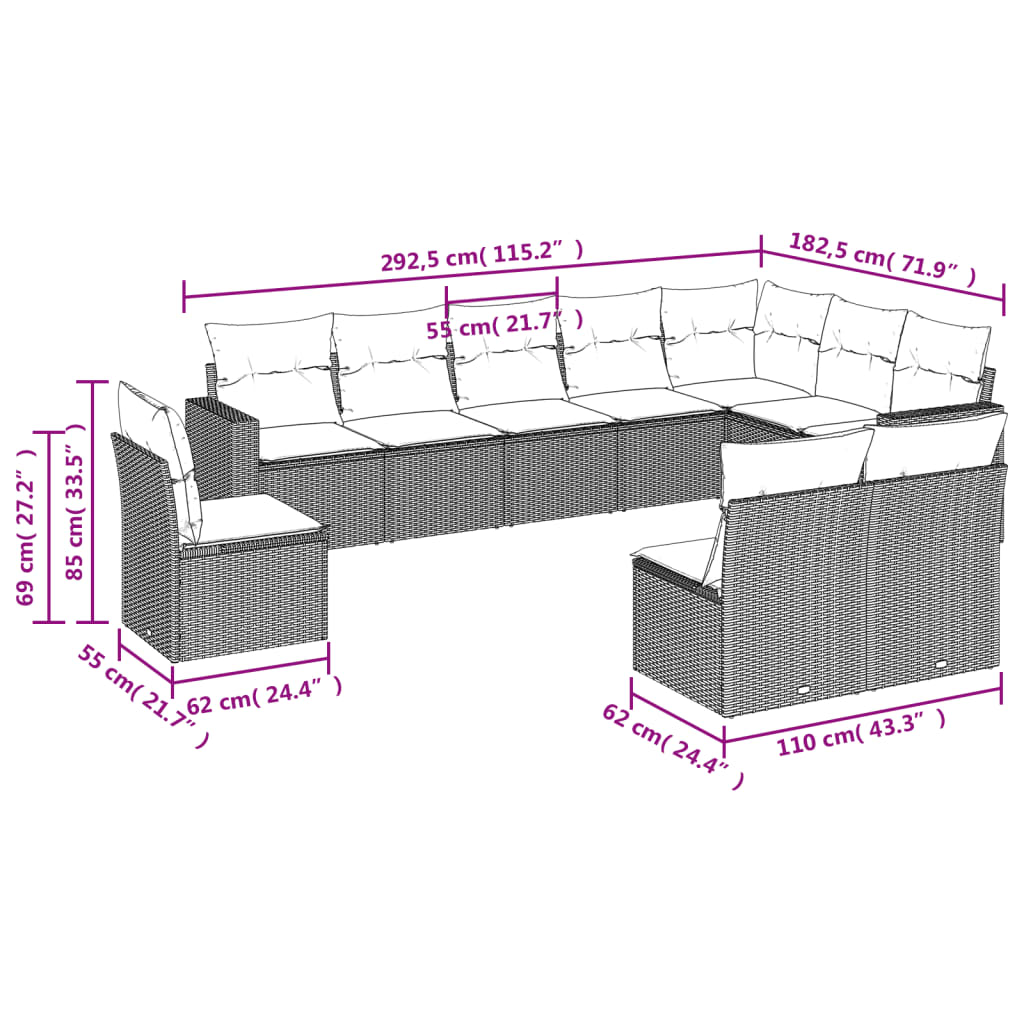 Set Divani da Giardino 10pz con Cuscini in Polyrattan Nero 3251442