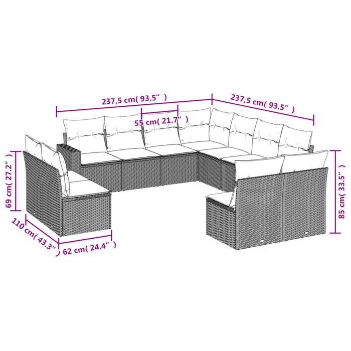 Set Divani da Giardino 11 pz con Cuscini in Polyrattan Nero 3251463