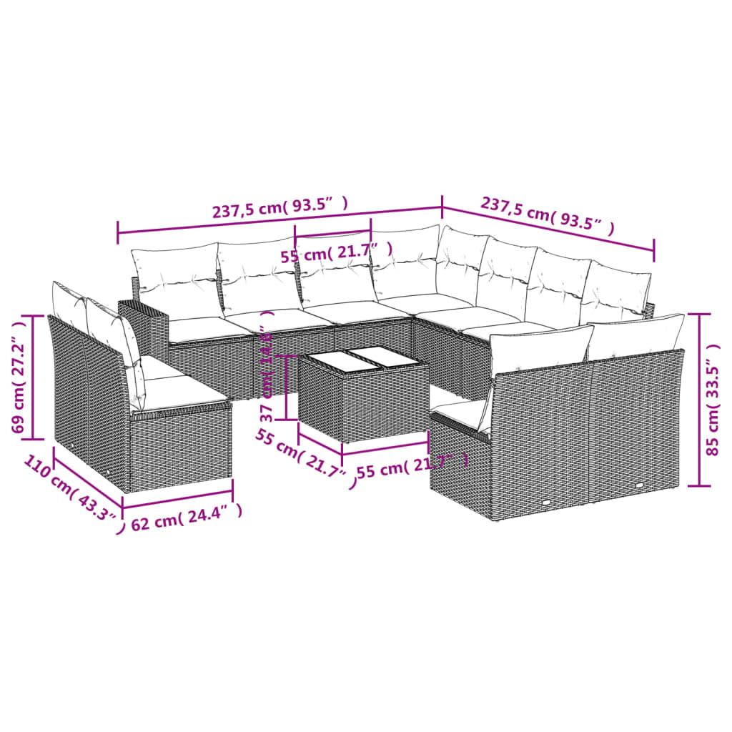 Set Divani da Giardino 12 pz con Cuscini Nero in Polyrattan 3251472