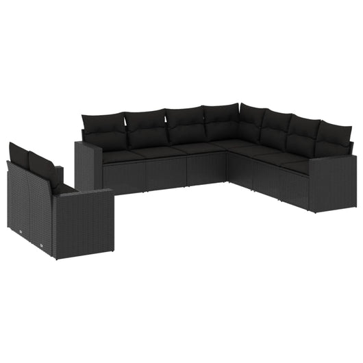 Set Divani da Giardino 9 pz con Cuscini Nero in Polyrattan 3251482