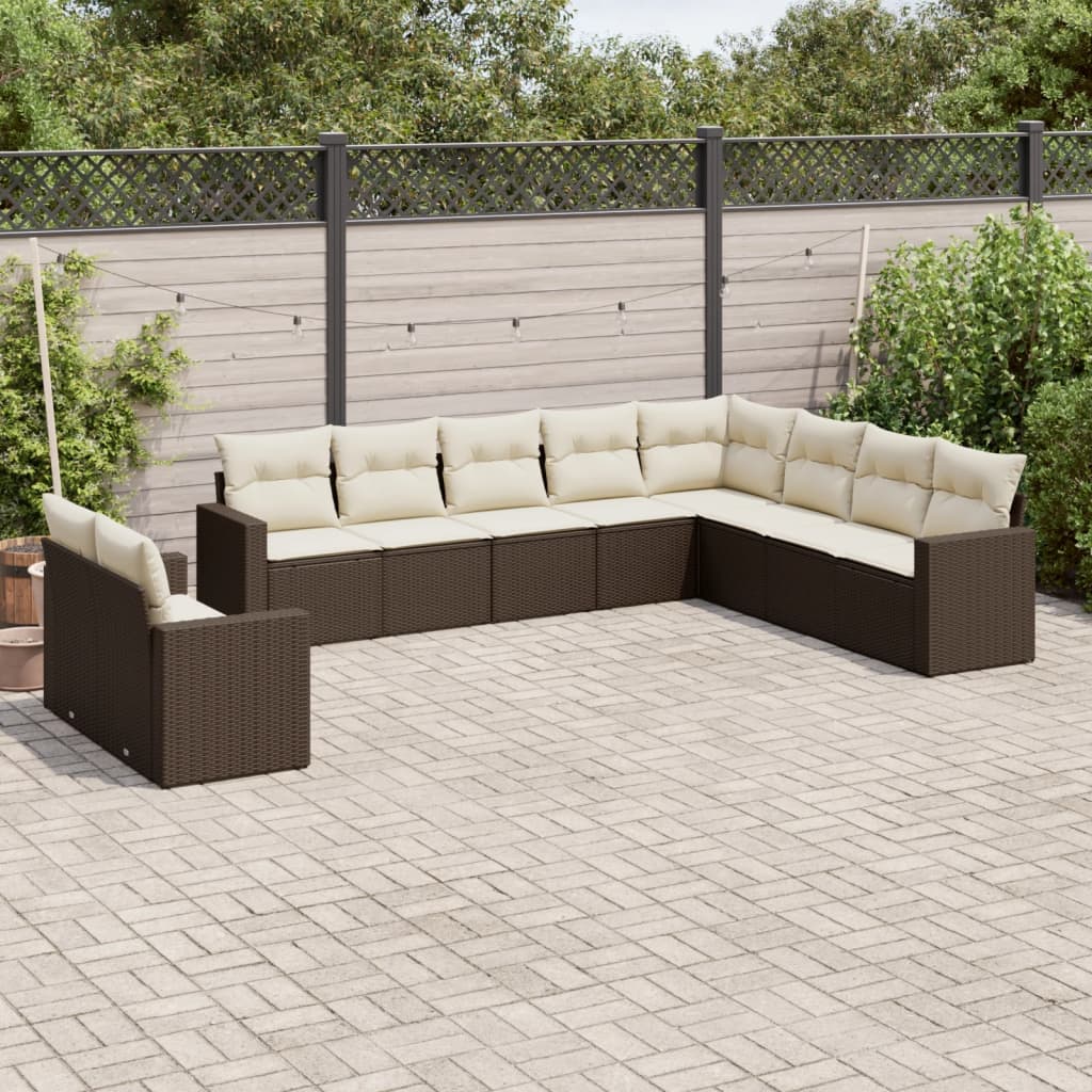 Set Divani da Giardino 10pz con Cuscini in Polyrattan Marrone 3251510