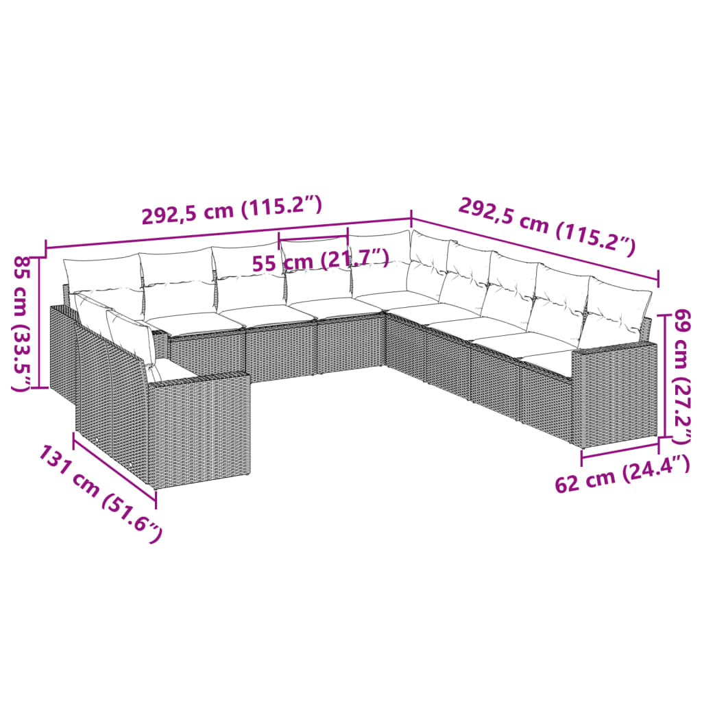 Set Divani da Giardino 11 pz con Cuscini Polyrattan Marrone 3251530