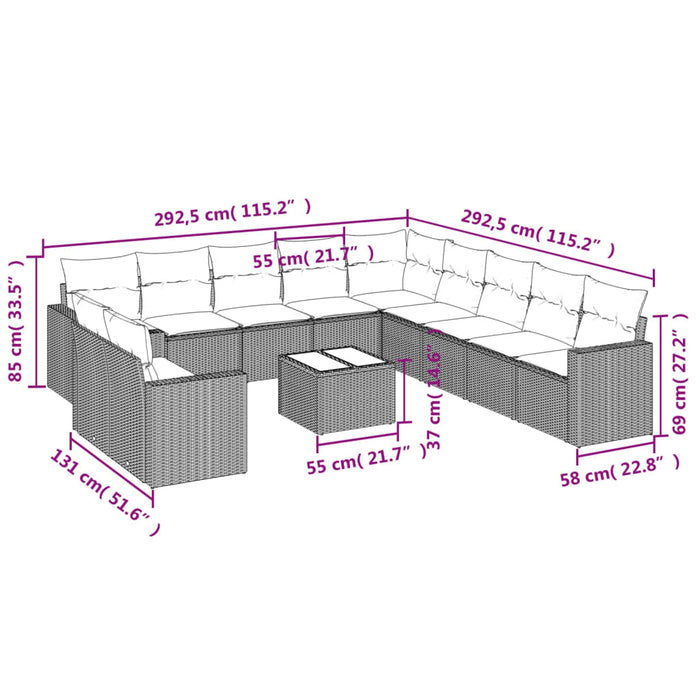 Set Divani da Giardino 12 pz con Cuscini Nero in Polyrattan 3251532