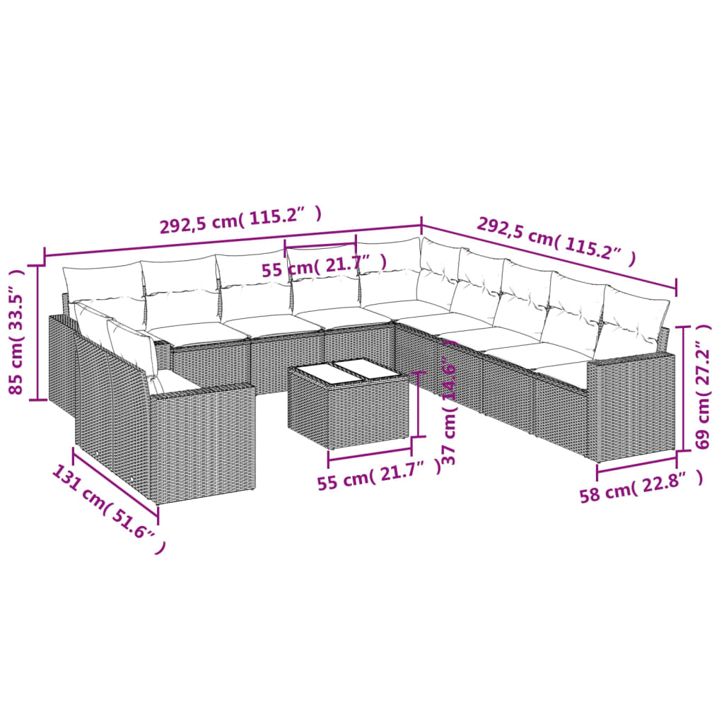 Set Divani da Giardino 12 pz con Cuscini Nero in Polyrattan 3251533