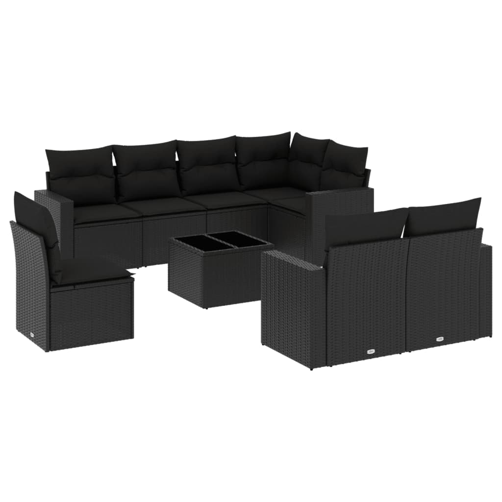 Set Divani da Giardino 9 pz con Cuscini Nero in Polyrattan 3251582