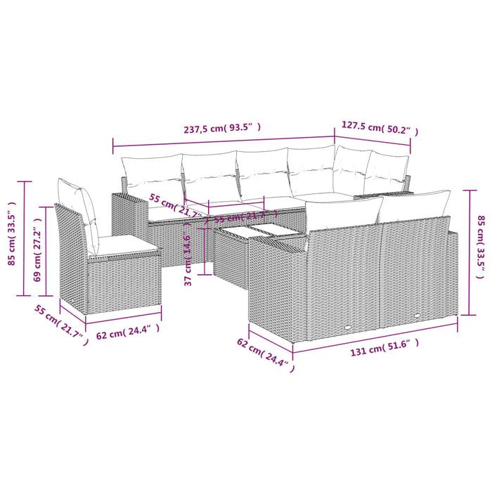 Set Divano da Giardino 9pz con Cuscini Grigio Chiaro Polyrattan 3251589