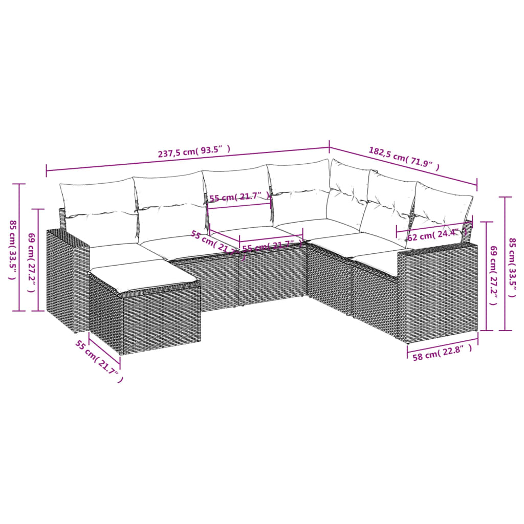 Set Divani da Giardino 7 pz con Cuscini Grigio in Polyrattan 3251637