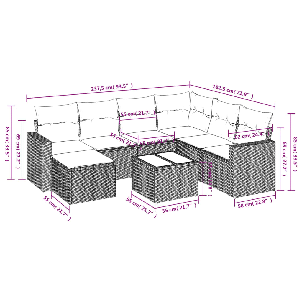 Set Divano da Giardino 8 pz con Cuscini Grigio in Polyrattan 3251647