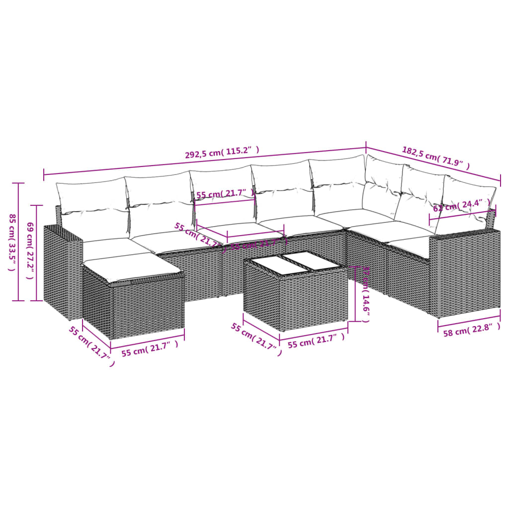 Set Divano da Giardino 9 pz con Cuscini Grigio in Polyrattan 3251707